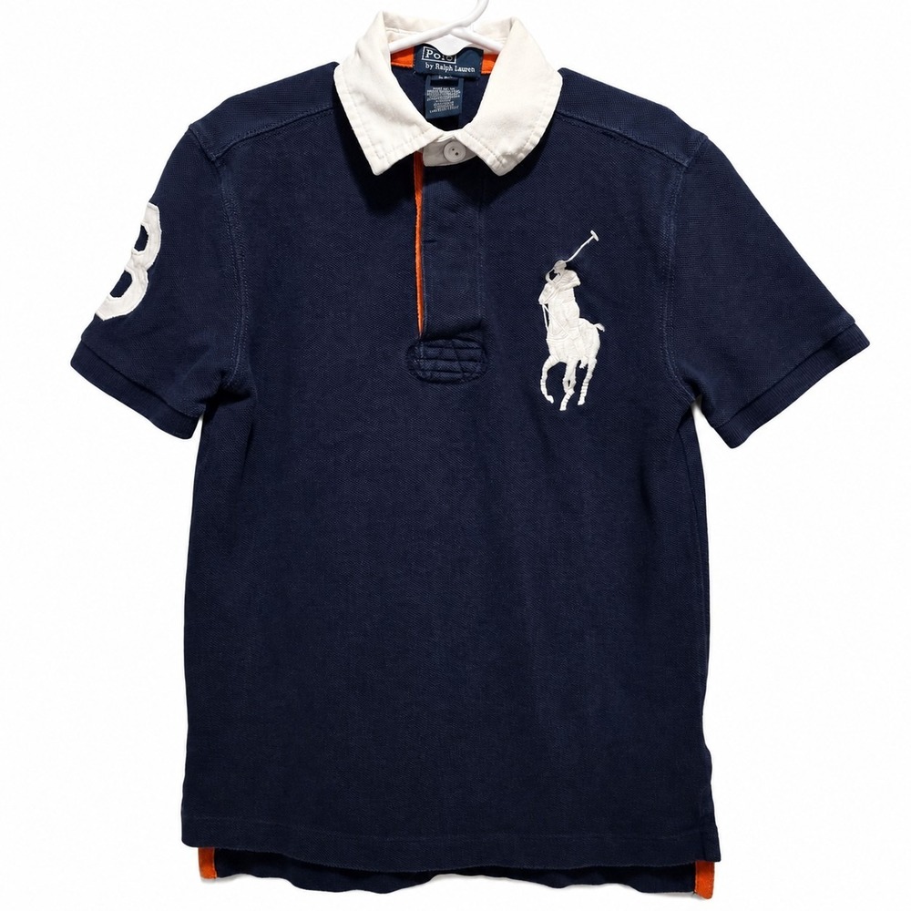 Polo Ralph Lauren Boys Size 8 S Big Pony Polo Shirt Navy Orange White #3 Y2K